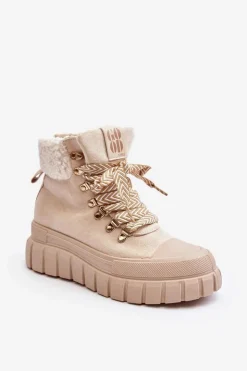 Damskie Boto Ocieplane Botki Trapery Na Grubej Podeszwie Jasnobeżowe Ralotta