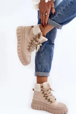 Damskie Boto Ocieplane Botki Trapery Na Grubej Podeszwie Jasnobeżowe Ralotta