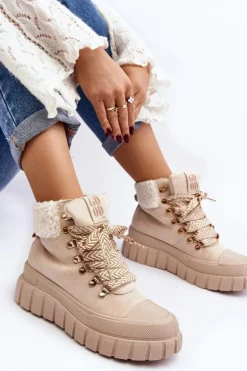 Damskie Boto Ocieplane Botki Trapery Na Grubej Podeszwie Jasnobeżowe Ralotta