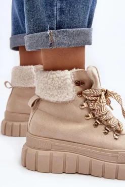 Damskie Boto Ocieplane Botki Trapery Na Grubej Podeszwie Jasnobeżowe Ralotta