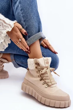 Damskie Boto Ocieplane Botki Trapery Na Grubej Podeszwie Jasnobeżowe Ralotta
