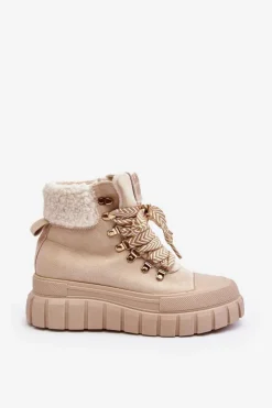 Damskie Boto Ocieplane Botki Trapery Na Grubej Podeszwie Jasnobeżowe Ralotta