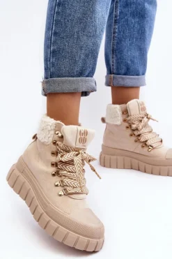 Damskie Boto Ocieplane Botki Trapery Na Grubej Podeszwie Jasnobeżowe Ralotta