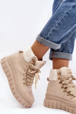 Damskie Boto Ocieplane Botki Trapery Na Grubej Podeszwie Jasnobeżowe Ralotta