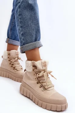 Damskie Boto Ocieplane Botki Trapery Na Grubej Podeszwie Jasnobeżowe Ralotta