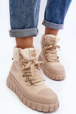 Damskie Boto Ocieplane Botki Trapery Na Grubej Podeszwie Jasnobeżowe Ralotta