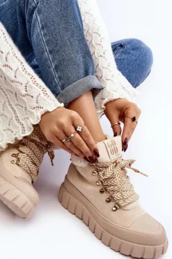 Damskie Boto Ocieplane Botki Trapery Na Grubej Podeszwie Jasnobeżowe Ralotta