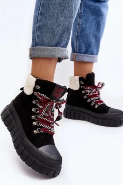 Damskie Boto Ocieplane Botki Trapery Na Grubej Podeszwie Czarne Ralotta