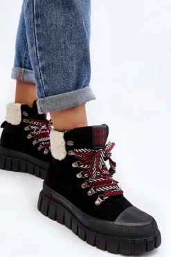 Damskie Boto Ocieplane Botki Trapery Na Grubej Podeszwie Czarne Ralotta