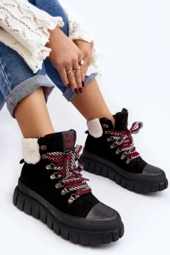 Damskie Boto Ocieplane Botki Trapery Na Grubej Podeszwie Czarne Ralotta