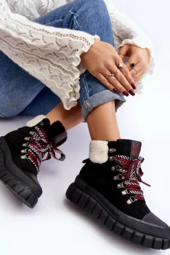 Damskie Boto Ocieplane Botki Trapery Na Grubej Podeszwie Czarne Ralotta