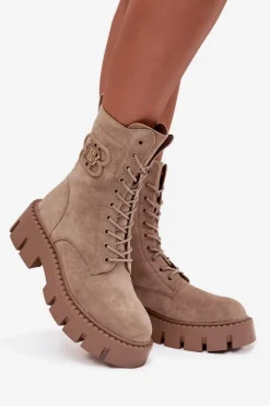 Boto Botki Ocieplane|Botki Sznurowane*Ocieplane Botki Wokrery Damskie Z Ozdobą Beżowe Melisse Beżowy
