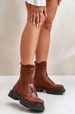 Boto Botki Zimowe Damskie|Brązowe I Beżowe Botki*Ocieplane Botki Workery Damskie Na Zamek Eko Skórzane Brązowe Mailyra