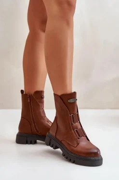 Boto Botki Zimowe Damskie|Brązowe I Beżowe Botki*Ocieplane Botki Workery Damskie Na Zamek Eko Skórzane Brązowe Mailyra