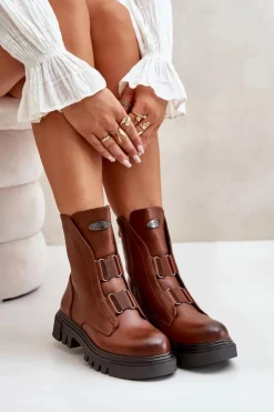 Boto Botki Zimowe Damskie|Brązowe I Beżowe Botki*Ocieplane Botki Workery Damskie Na Zamek Eko Skórzane Brązowe Mailyra