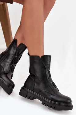 Damskie Boto Ocieplane Botki Workery Damskie Na Zamek Eko Skórzane Czarne Mailyra