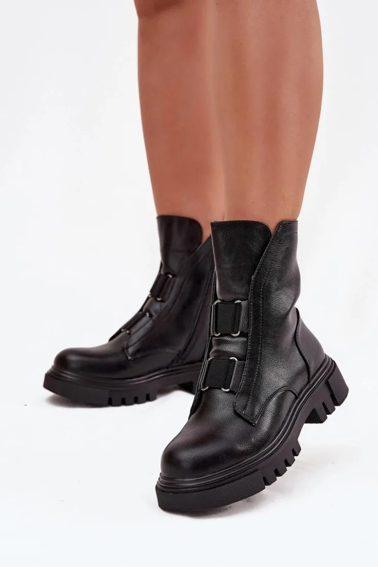 Damskie Boto Ocieplane Botki Workery Damskie Na Zamek Eko Skórzane Czarne Mailyra