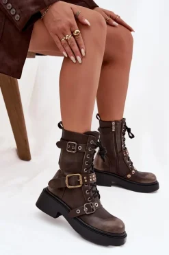 Damskie Boto Ocieplane Botki Workery Damskie Z Klamrami Brązowe Marisse