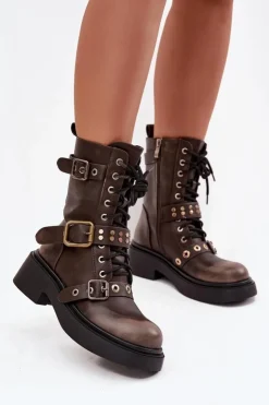 Damskie Boto Ocieplane Botki Workery Damskie Z Klamrami Brązowe Marisse