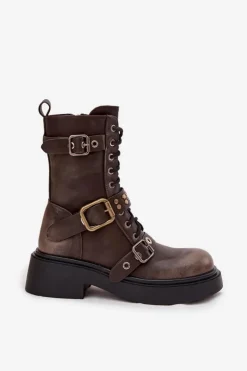 Damskie Boto Ocieplane Botki Workery Damskie Z Klamrami Brązowe Marisse