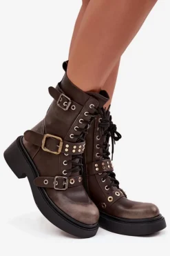 Damskie Boto Ocieplane Botki Workery Damskie Z Klamrami Brązowe Marisse