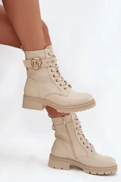 Best Boto Ocieplane Botki Workery Damskie Z Ozdobnym Detalem Beżowe Talyssa