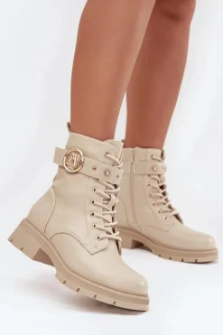 Best Boto Ocieplane Botki Workery Damskie Z Ozdobnym Detalem Beżowe Talyssa