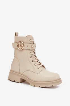 Best Boto Ocieplane Botki Workery Damskie Z Ozdobnym Detalem Beżowe Talyssa