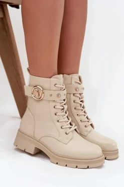 Best Boto Ocieplane Botki Workery Damskie Z Ozdobnym Detalem Beżowe Talyssa