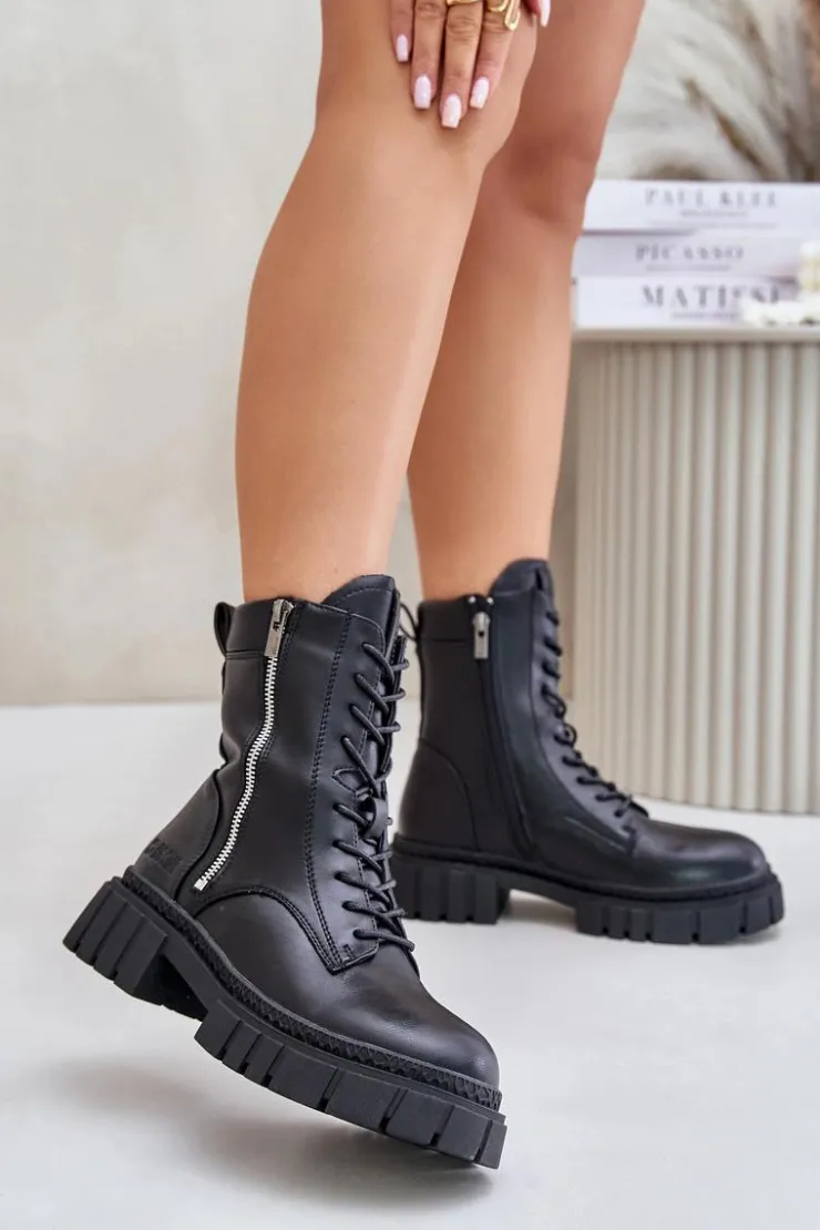 Big Star Shoes Botki Ocieplane|Damskie Trapery*Ocieplane Botki Workery Damskie Z Eko Skóry Big Star MM274578 Czarne