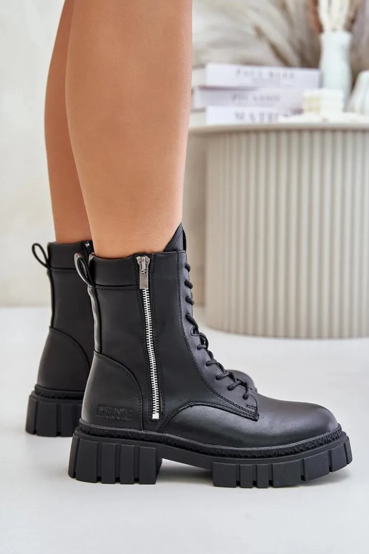 Big Star Shoes Botki Ocieplane|Damskie Trapery*Ocieplane Botki Workery Damskie Z Eko Skóry Big Star MM274578 Czarne