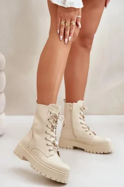 Outlet Boto Ocieplane Botki Workery Damskie Z Przypinkami Beżowe Avorira