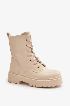 Outlet Boto Ocieplane Botki Workery Damskie Z Przypinkami Beżowe Avorira