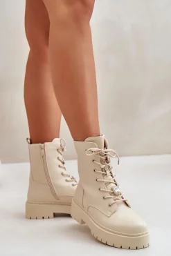 Outlet Boto Ocieplane Botki Workery Damskie Z Przypinkami Beżowe Avorira