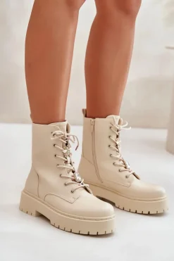 Outlet Boto Ocieplane Botki Workery Damskie Z Przypinkami Beżowe Avorira