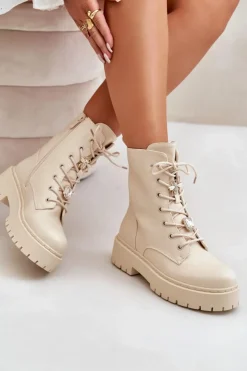 Outlet Boto Ocieplane Botki Workery Damskie Z Przypinkami Beżowe Avorira