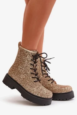 Boto Botki Sznurowane|Botki Płaskie*Ocieplane Botki Workery Damskie Ozdobione Cekinami Złote Liatheine