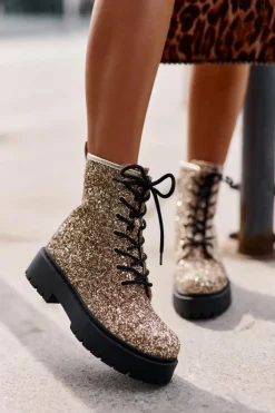 Boto Botki Sznurowane|Botki Płaskie*Ocieplane Botki Workery Damskie Ozdobione Cekinami Złote Liatheine