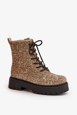 Boto Botki Sznurowane|Botki Płaskie*Ocieplane Botki Workery Damskie Ozdobione Cekinami Złote Liatheine