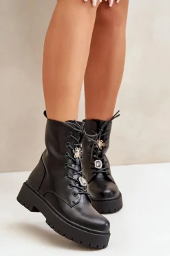 Damskie Boto Ocieplane Botki Workery Damskie Z Przypinkami Czarne Avorira