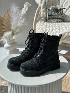 Damskie Boto Ocieplane Botki Workery Damskie Ozdobione Cekinami Czarne Liatheine