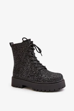 Damskie Boto Ocieplane Botki Workery Damskie Ozdobione Cekinami Czarne Liatheine