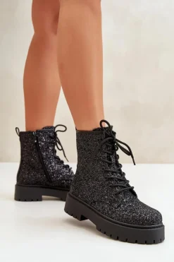Damskie Boto Ocieplane Botki Workery Damskie Ozdobione Cekinami Czarne Liatheine