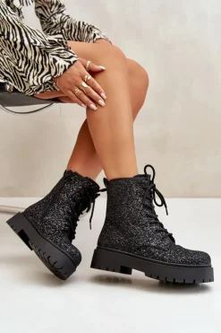 Damskie Boto Ocieplane Botki Workery Damskie Ozdobione Cekinami Czarne Liatheine