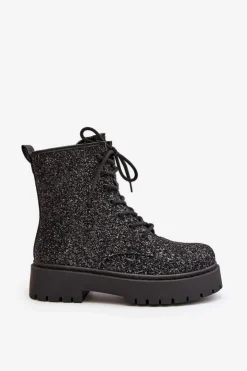 Damskie Boto Ocieplane Botki Workery Damskie Ozdobione Cekinami Czarne Liatheine