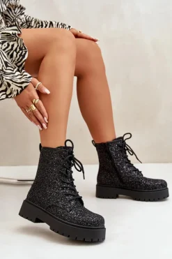 Damskie Boto Ocieplane Botki Workery Damskie Ozdobione Cekinami Czarne Liatheine