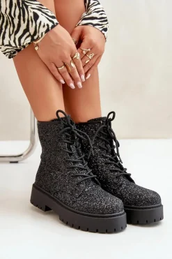 Damskie Boto Ocieplane Botki Workery Damskie Ozdobione Cekinami Czarne Liatheine