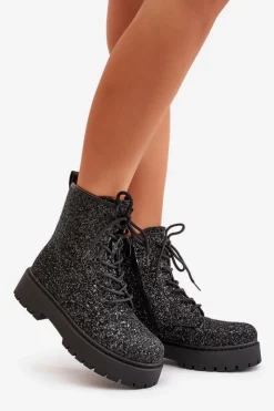 Damskie Boto Ocieplane Botki Workery Damskie Ozdobione Cekinami Czarne Liatheine