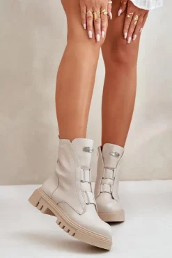 Damskie Boto Ocieplane Botki Workery Damskie Na Zamek Eko Skórzane Jasnobeżowe Mailyra