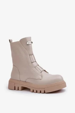 Damskie Boto Ocieplane Botki Workery Damskie Na Zamek Eko Skórzane Jasnobeżowe Mailyra